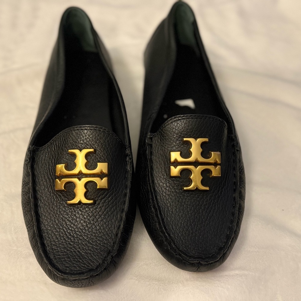 Tory Burch Black Loafers with Gold Emblem